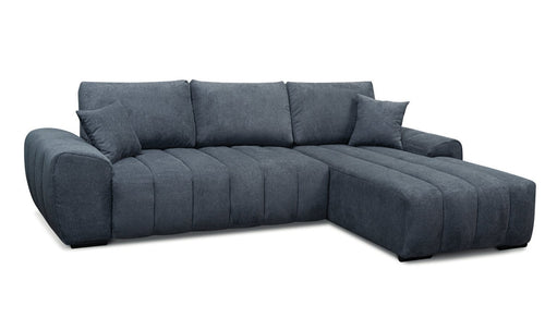 Canapé d'angle Albi en tissu bleu ardoise, assise matelassée en bandes verticales, méridienne à droite