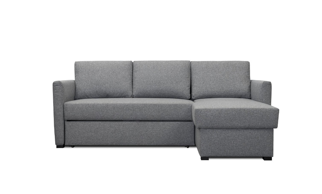 Canapé d'angle Pure en tissu chiné gris, accoudoirs fins, méridienne à droite, sur fond blanc