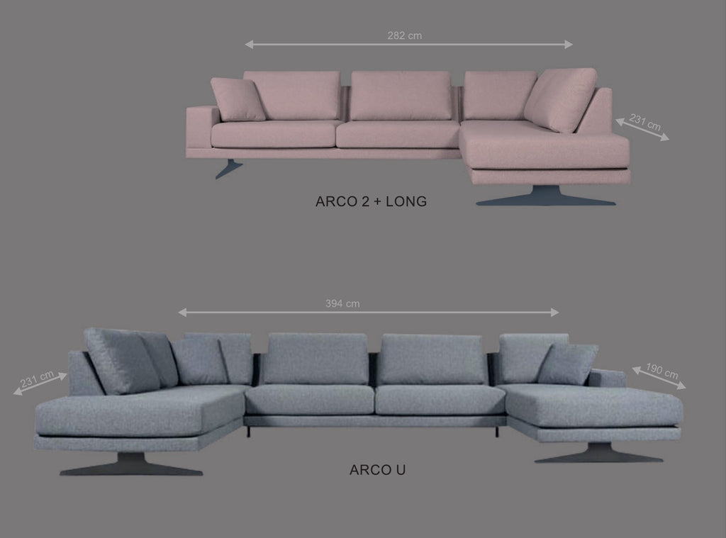Canapé Arco : configurations angle 2 places + méridienne (282 × 231 cm) et U (394 cm de large)