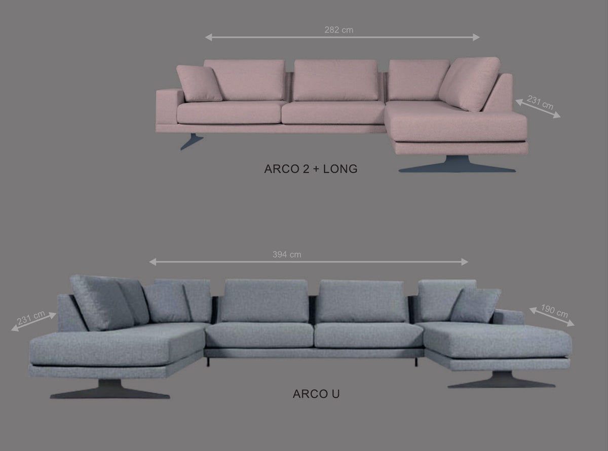 Canapé Arco : configurations angle 2 places + méridienne (282 × 231 cm) et U (394 cm de large)