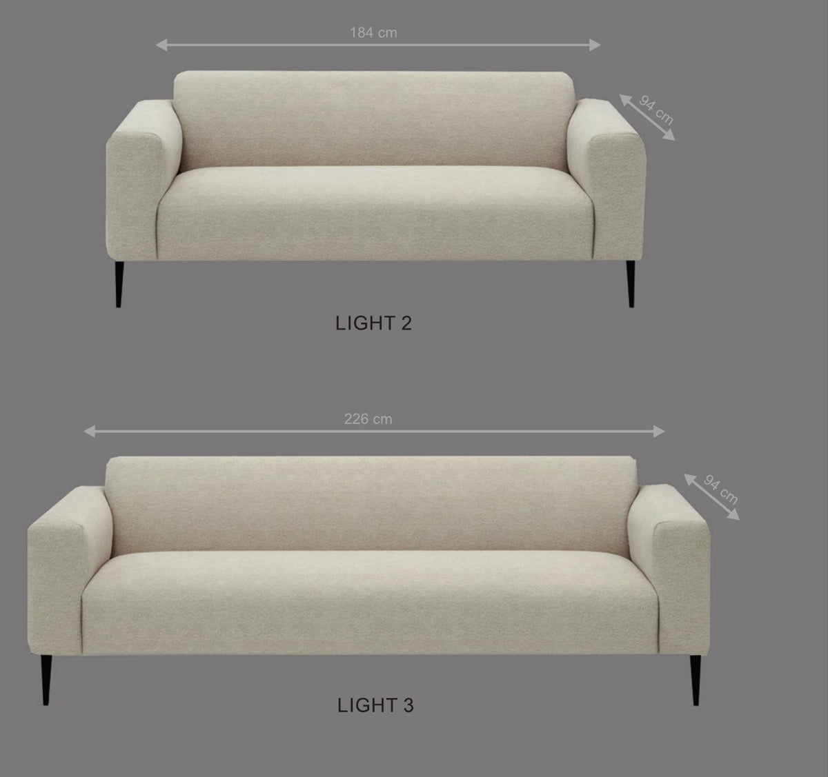 Canapé Light 2 places (184 cm) et 3 places (226 cm), profondeur 94 cm