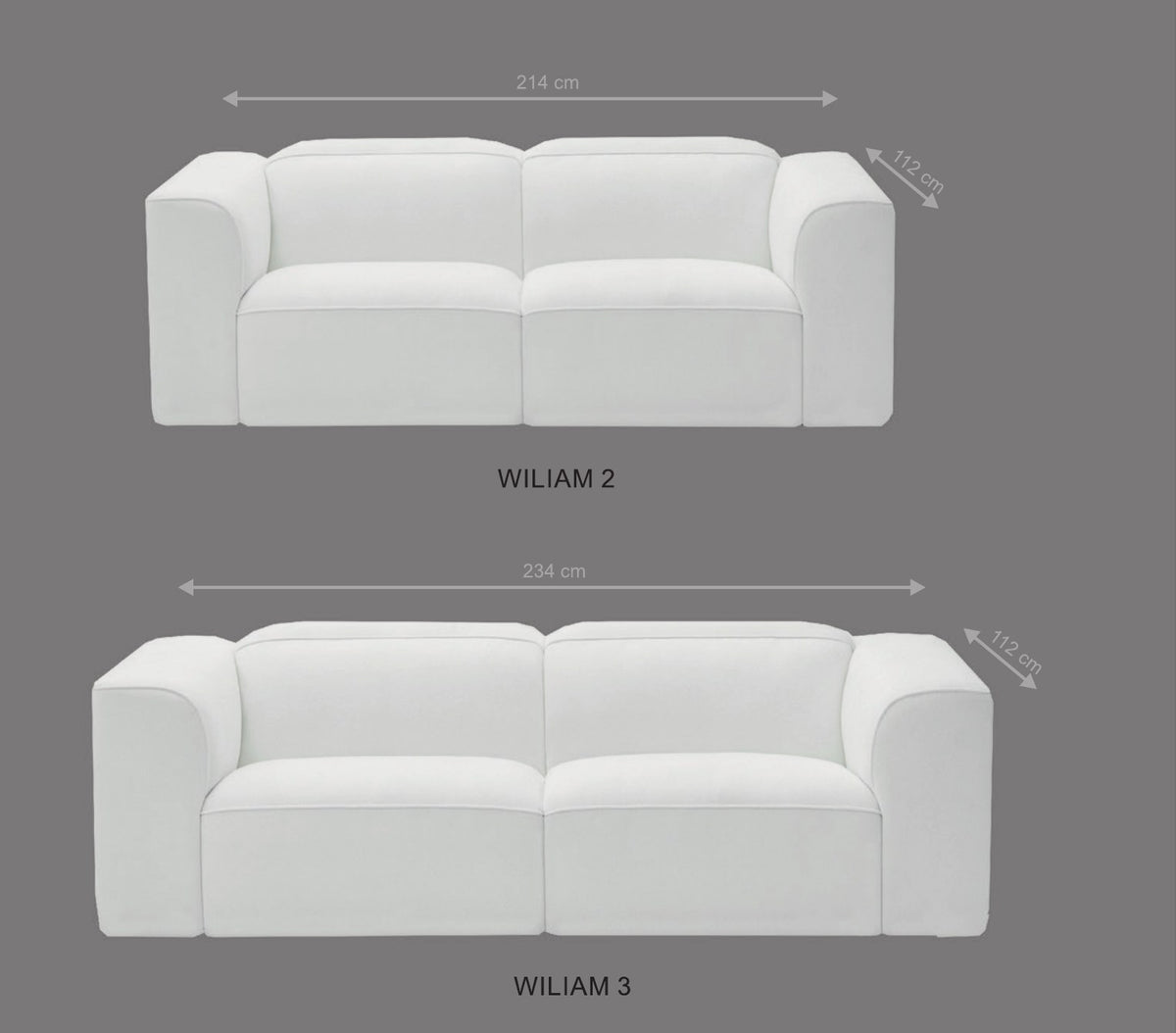 Canapé Wiliam 2 places (214 cm) et 3 places (234 cm), profondeur 112 cm
