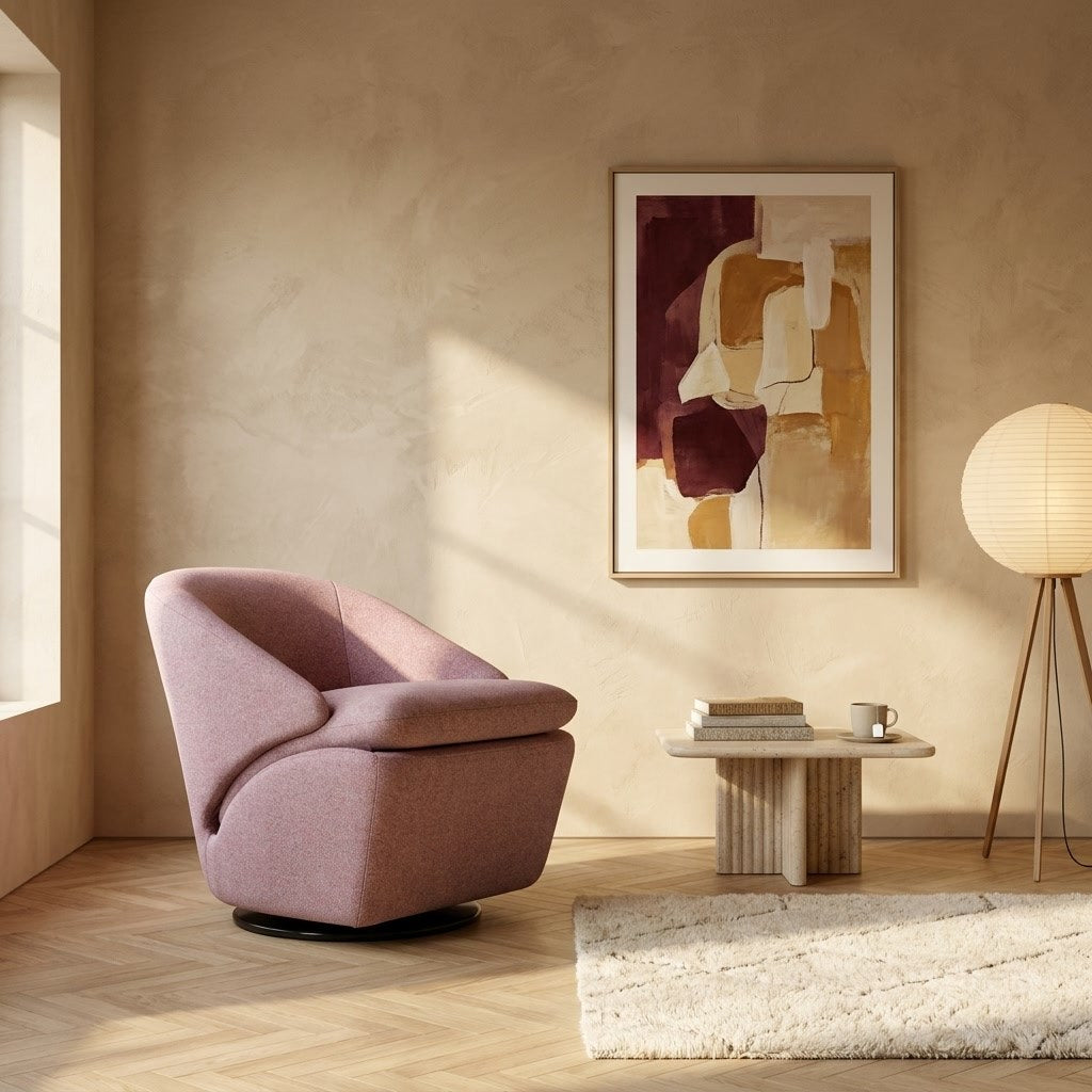 Fauteuil Birdy en tissu rose poudré dans un salon aux murs couleur sable – mise en situation